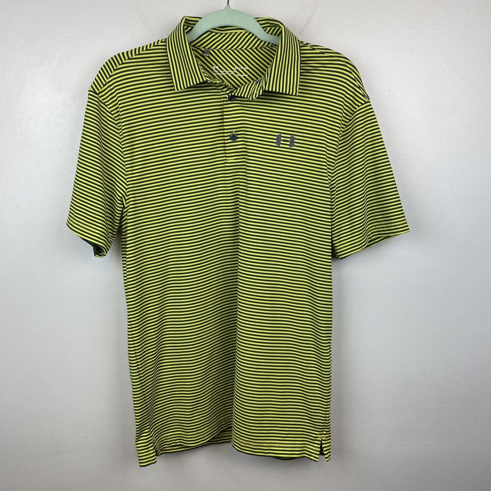 Under Armour Shirt Mens Small Yellow Black Striped HeatGear‎ Golf Polo Athletic